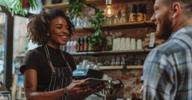 Smiling wait staff taking payment from a customer in a cafe.