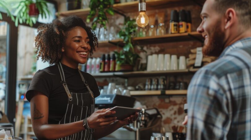 Smiling wait staff taking payment from a customer in a cafe.