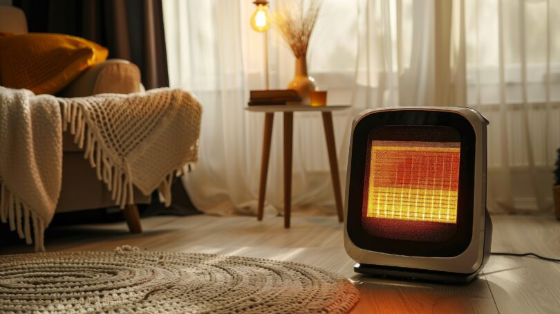 Electgric heater warming up a nice and cosy room inside a house.